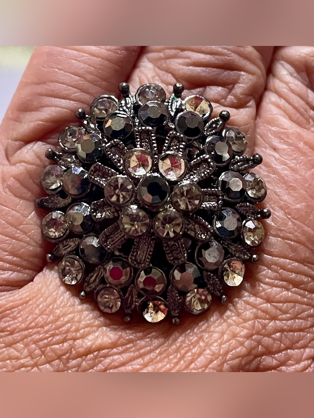 Vintage-Inspired Gunmetal and Clear Crystal Cluster Ring